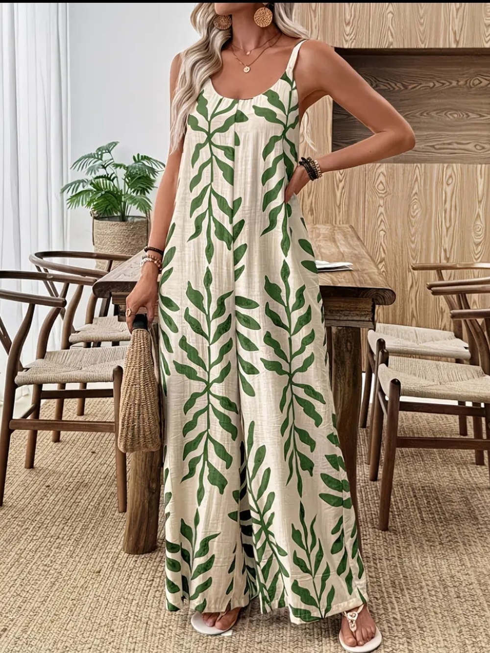 Cream Jumpsuit with Green Leaf Print — Lightweight Wide-Leg Romper